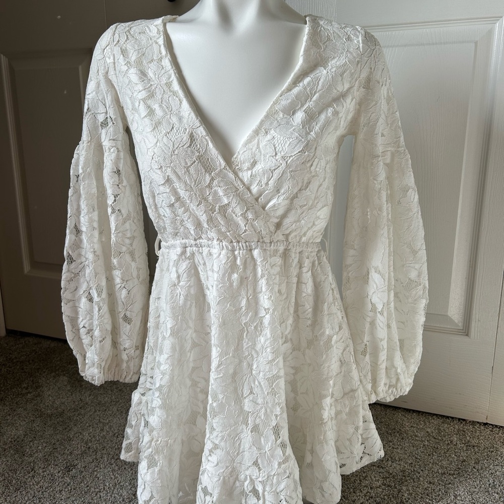 White Mini Dress with Long Bishop Sleeves and V-Neck